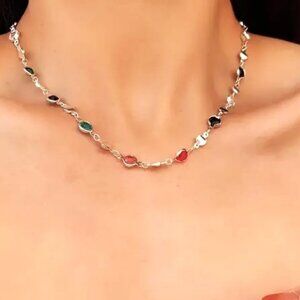 Colorful Gemstone Choker Necklace Silver Boho Hippie Adjustable Stones Rainbow